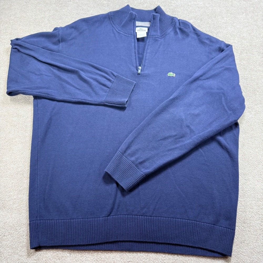 Lacoste Mens Quarter Zip Pullover Sweater Navy Blue 100% Cotton Size 8